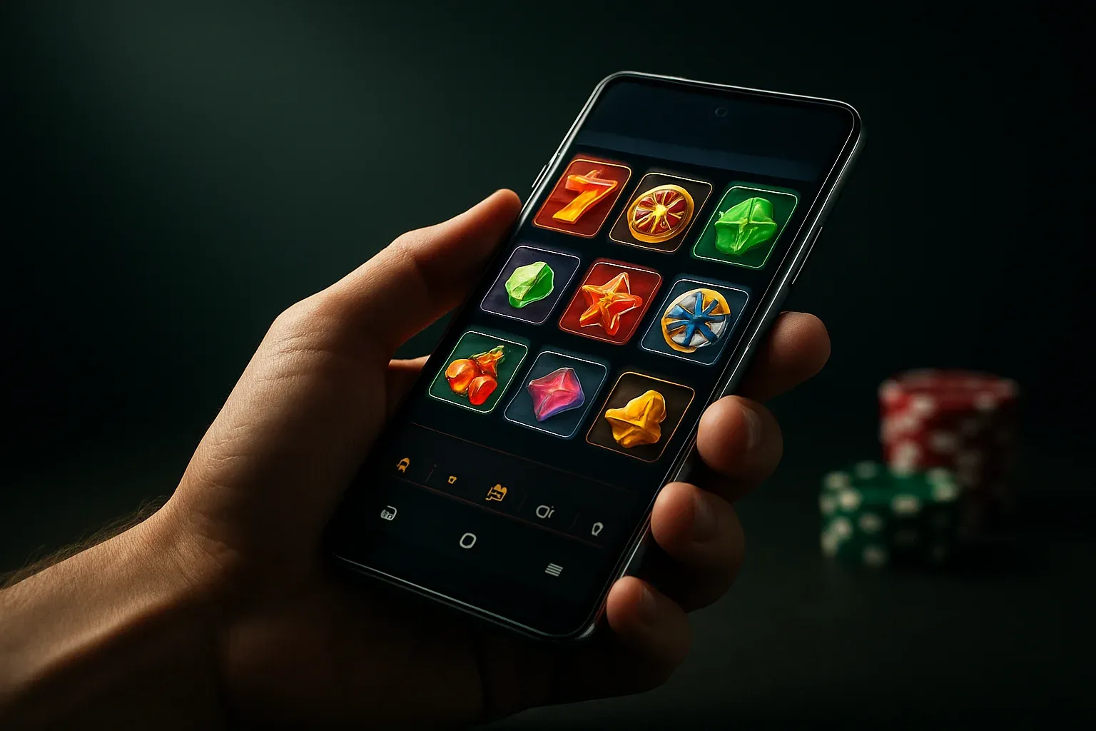 Flagship Android smartphone showing vivid casino app interface in dramatic lighting
