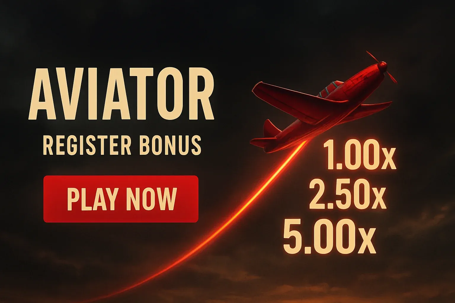 Aviator crash game banner with red plane, multipliers, and play button