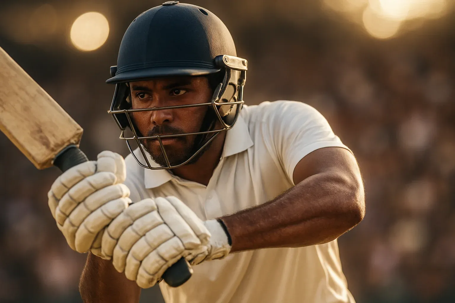 Bangladeshi male cricket batsman in white kit mid-swing under stadium lights