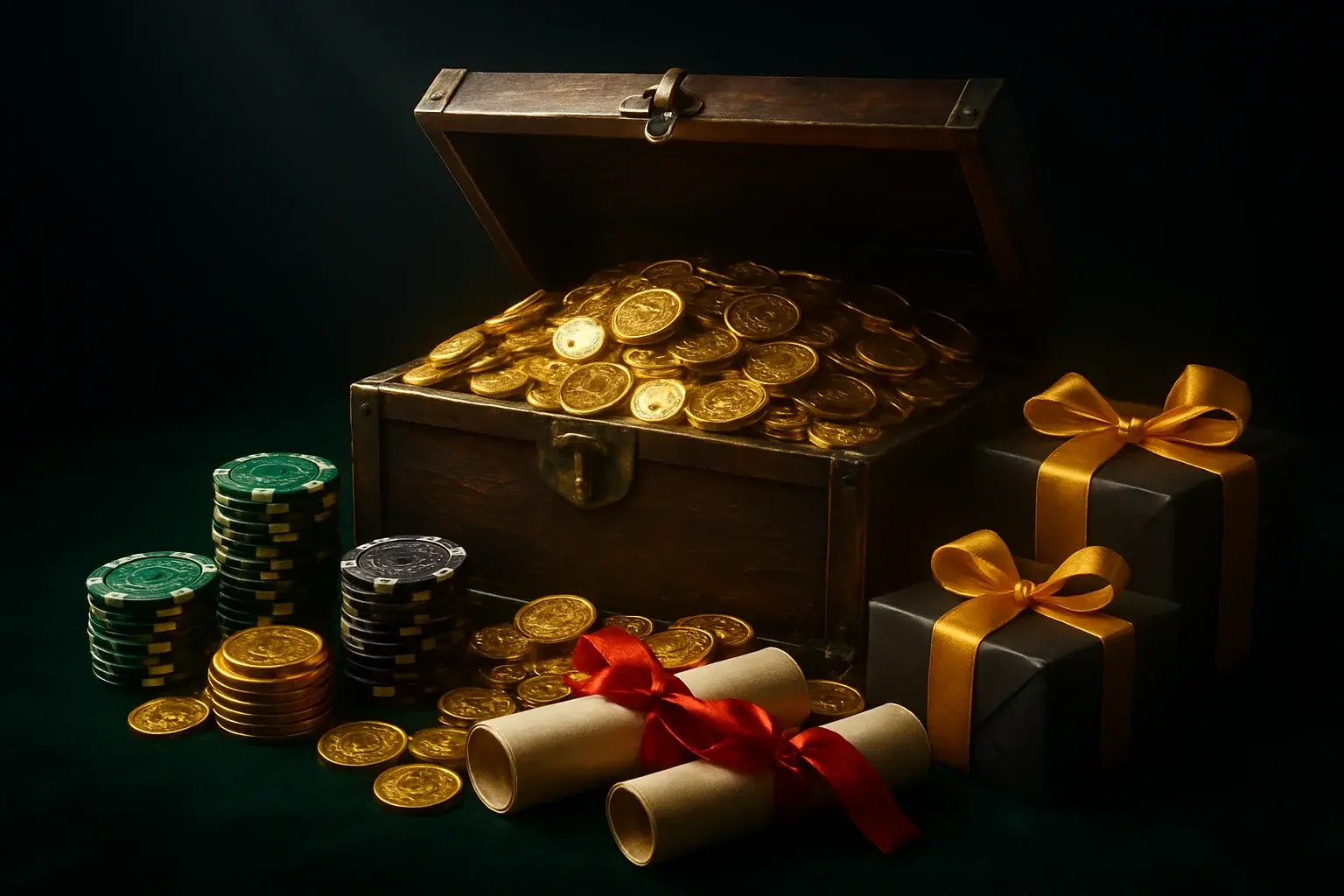 Overflowing treasure chest with gold coins, casino chips, vouchers, and gift boxes