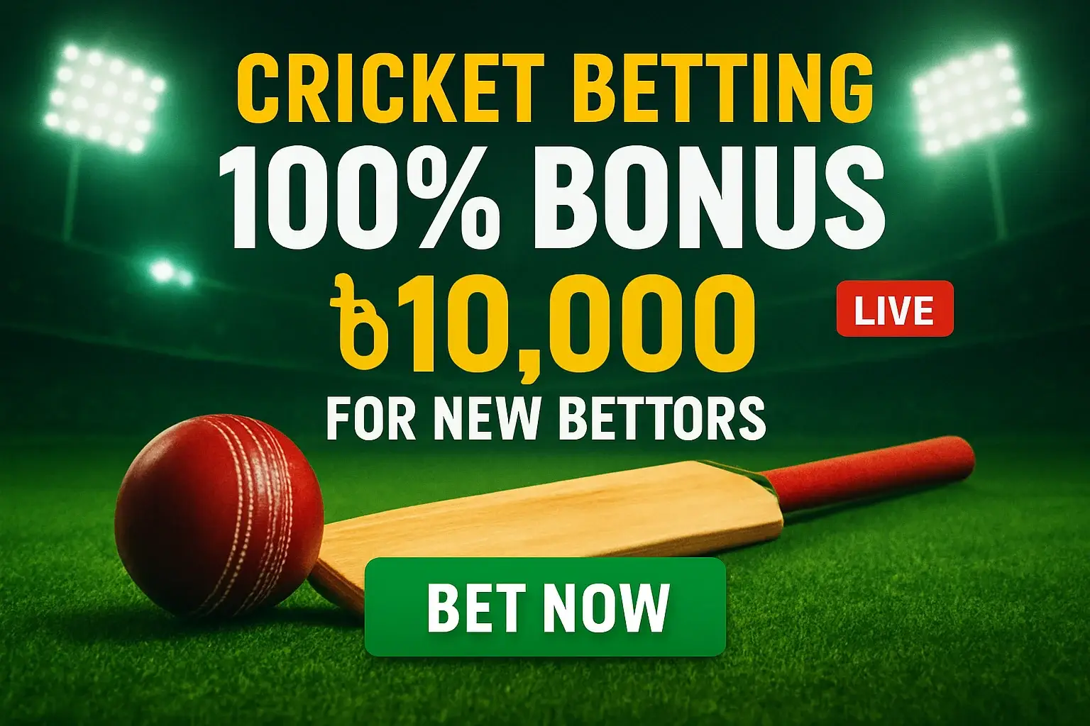 Cricket betting banner with stadium, bat, ball, bonus offer, and CTA