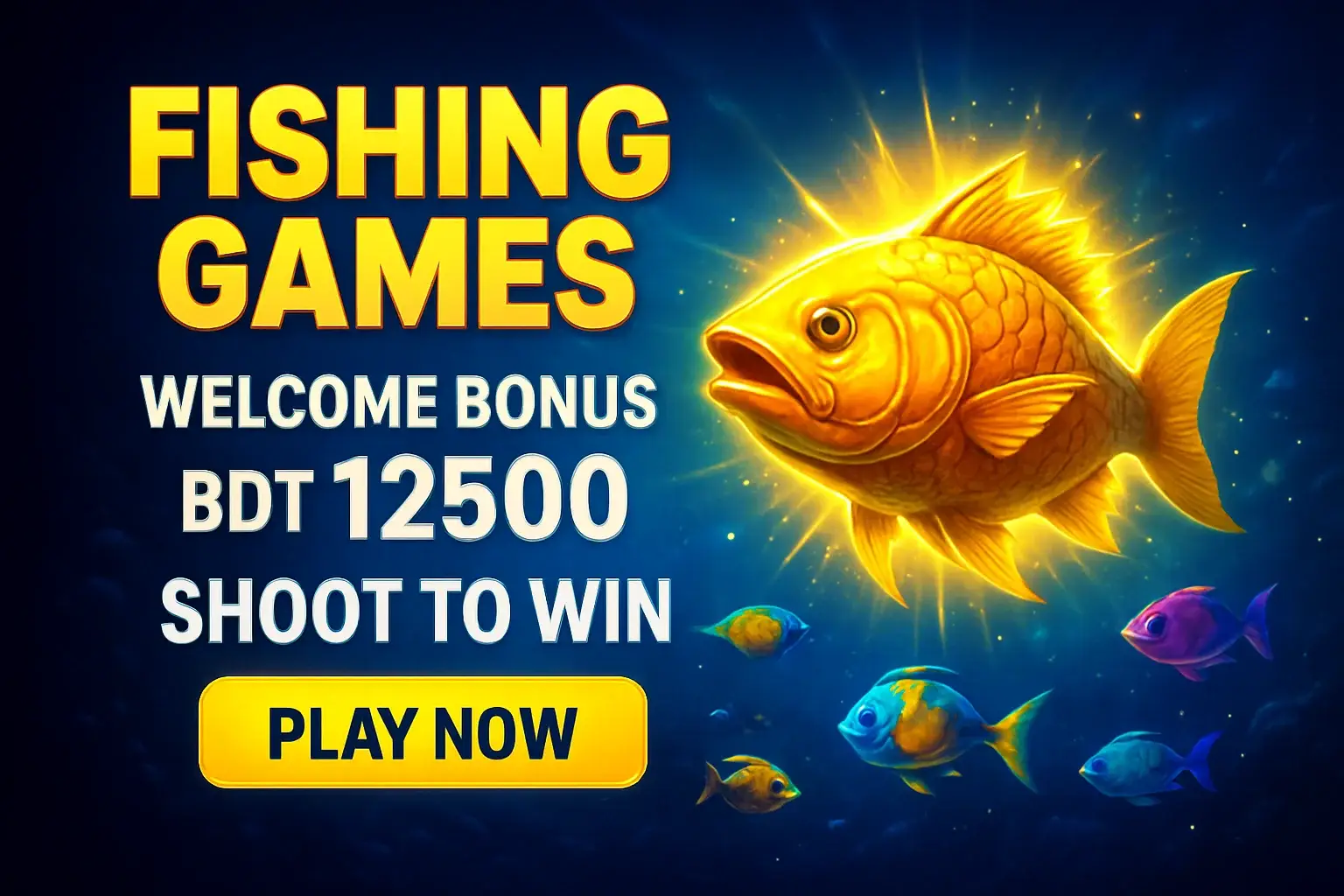 Fishing arcade banner with bonus offer, boss fish, and play button
