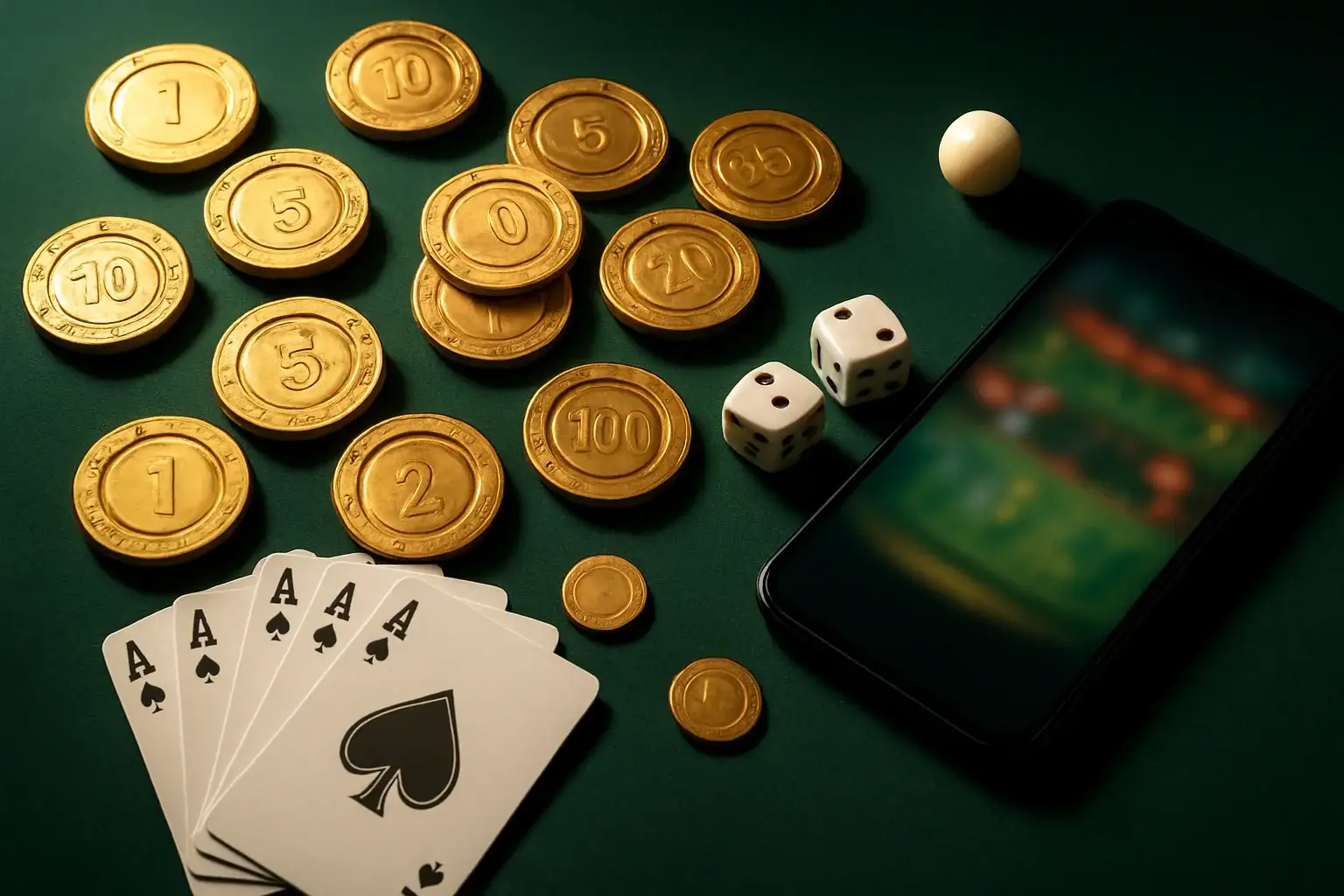 Top-down casino table with gold chips, cards, dice, roulette ball, smartphone