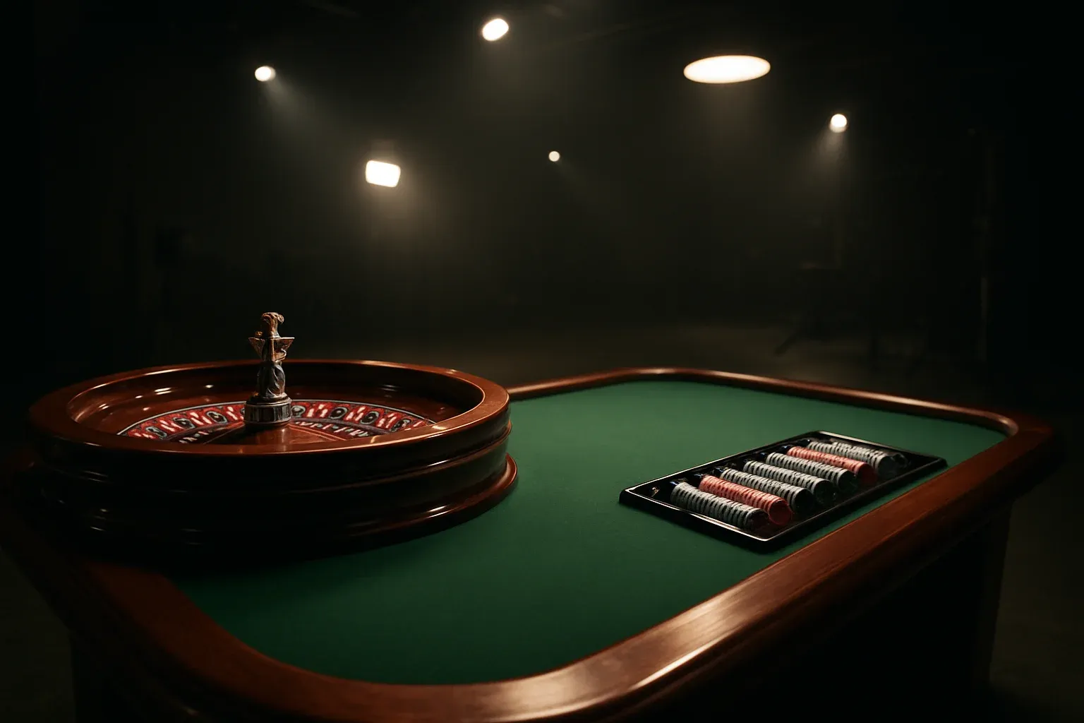 Hyperrealistic live casino studio with empty roulette table and dramatic lighting
