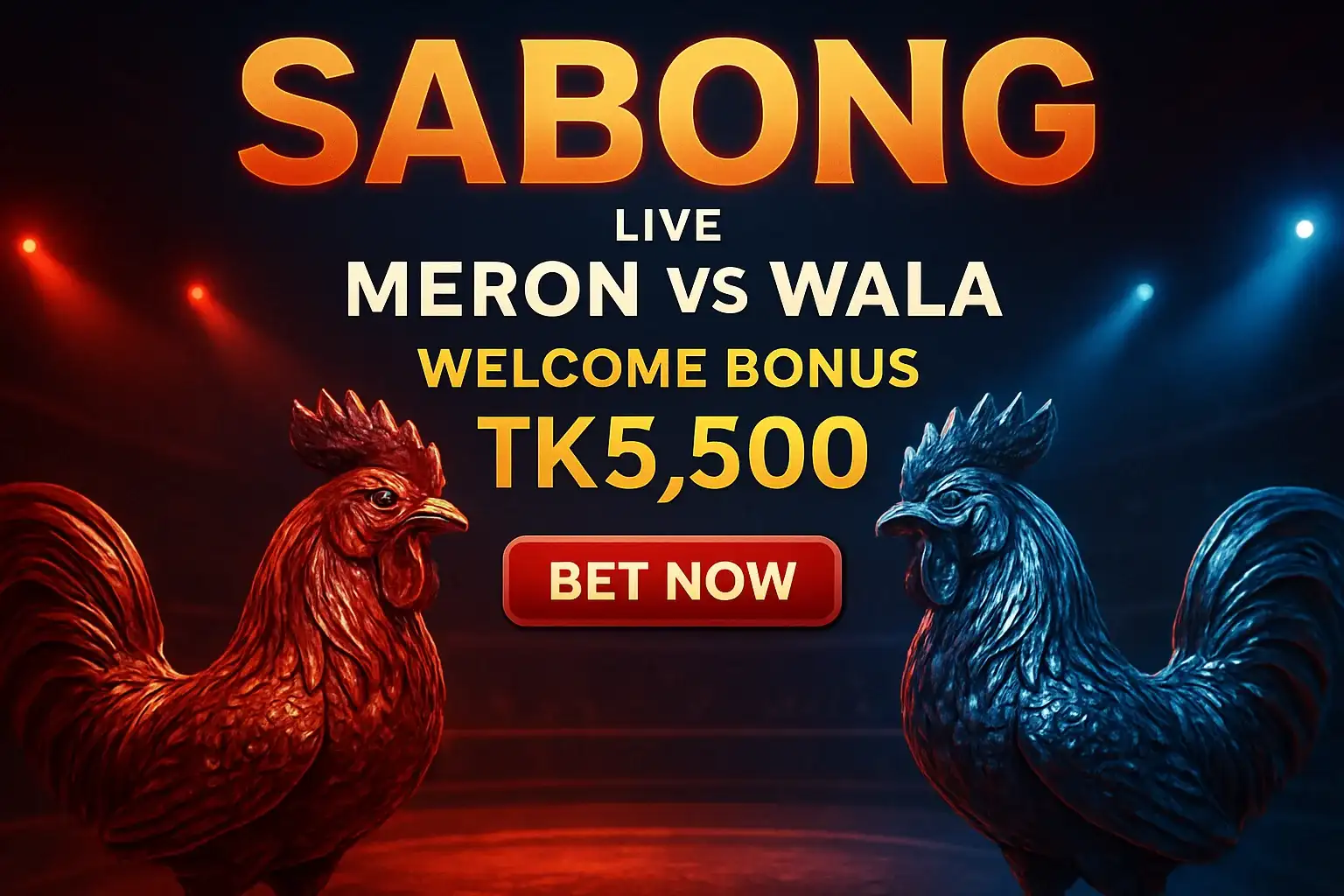 Live sabong banner with decorative rooster figurines and bonus offer