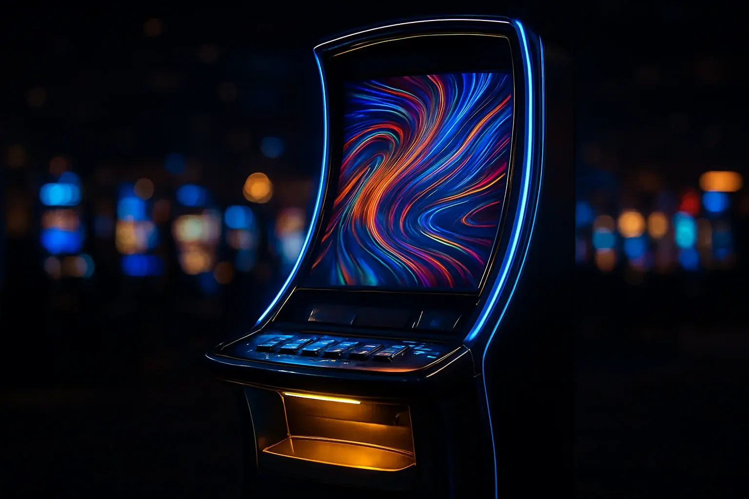 Premium slot machine glowing in dark luxury casino with neon lighting
